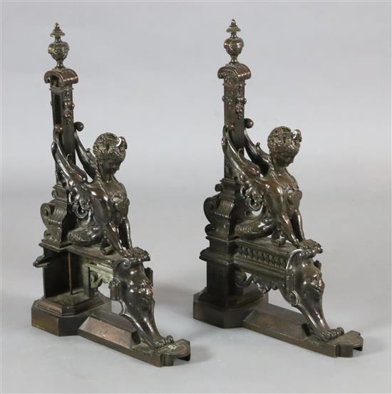 A pair of 19th century French bronze chenets, length 14in. height 22in.